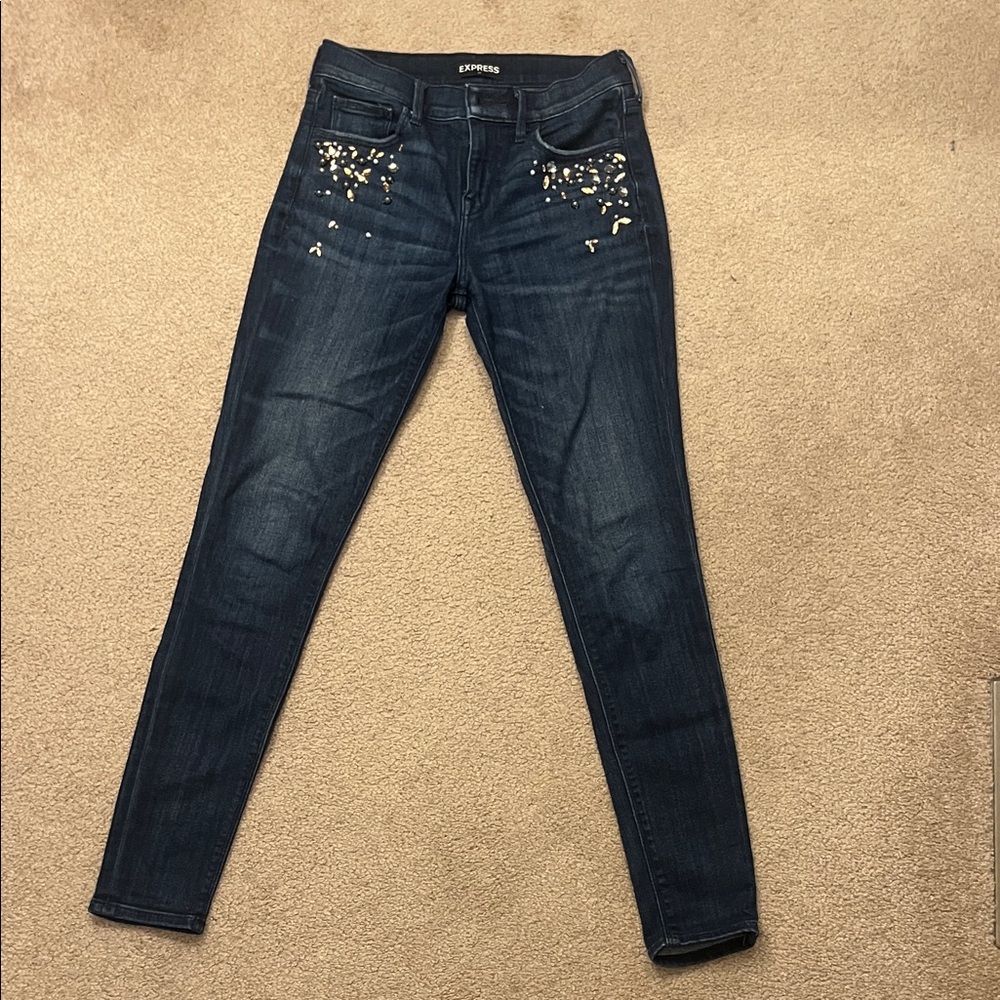 Express Women's Dark Wash Skinny Jeans with Stud Accents